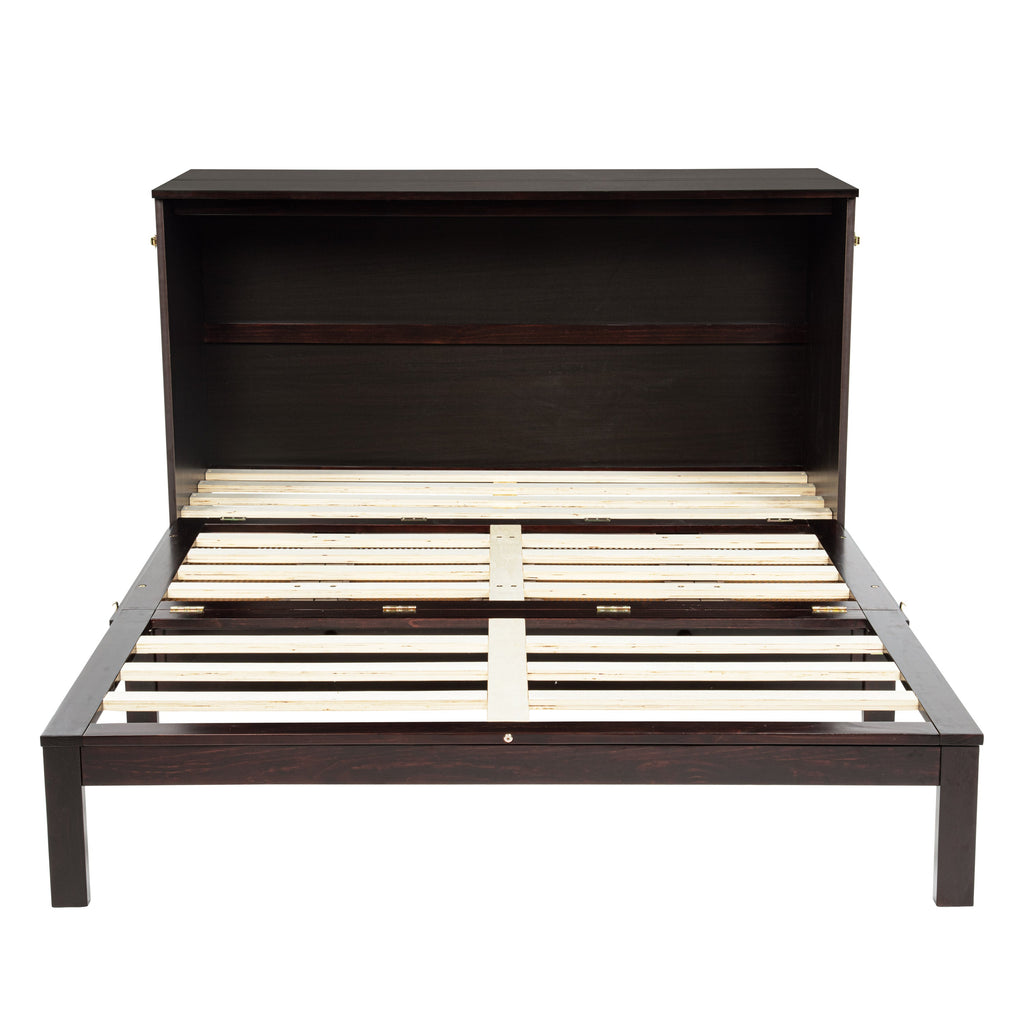 Queen Size Murphy Bed, Pine Wood Cabinet Bed with Power Station and Rattan Decoration Panel,Espresso