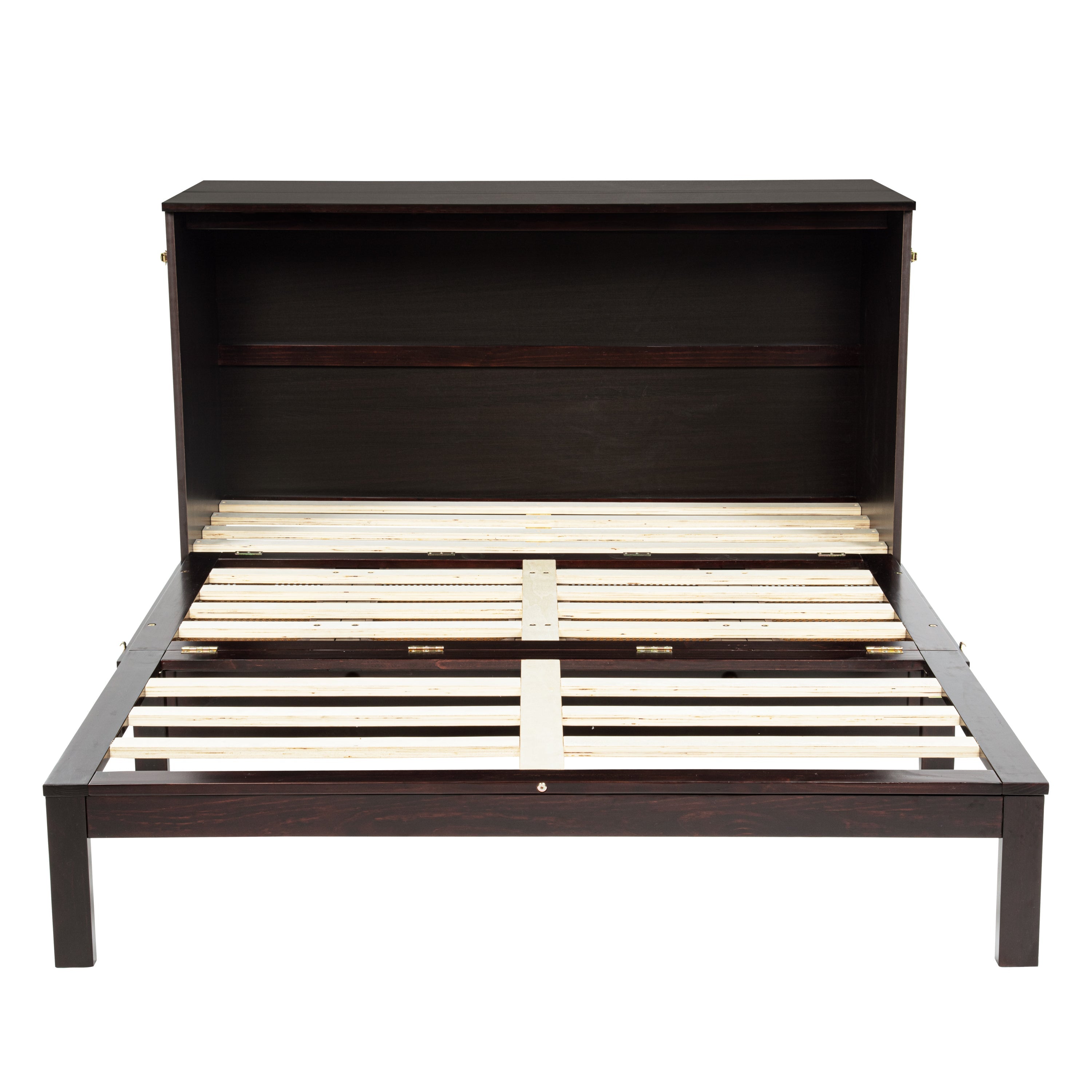 Queen Size Murphy Bed, Pine Wood Cabinet Bed with Power Station and Rattan Decoration Panel,Espresso