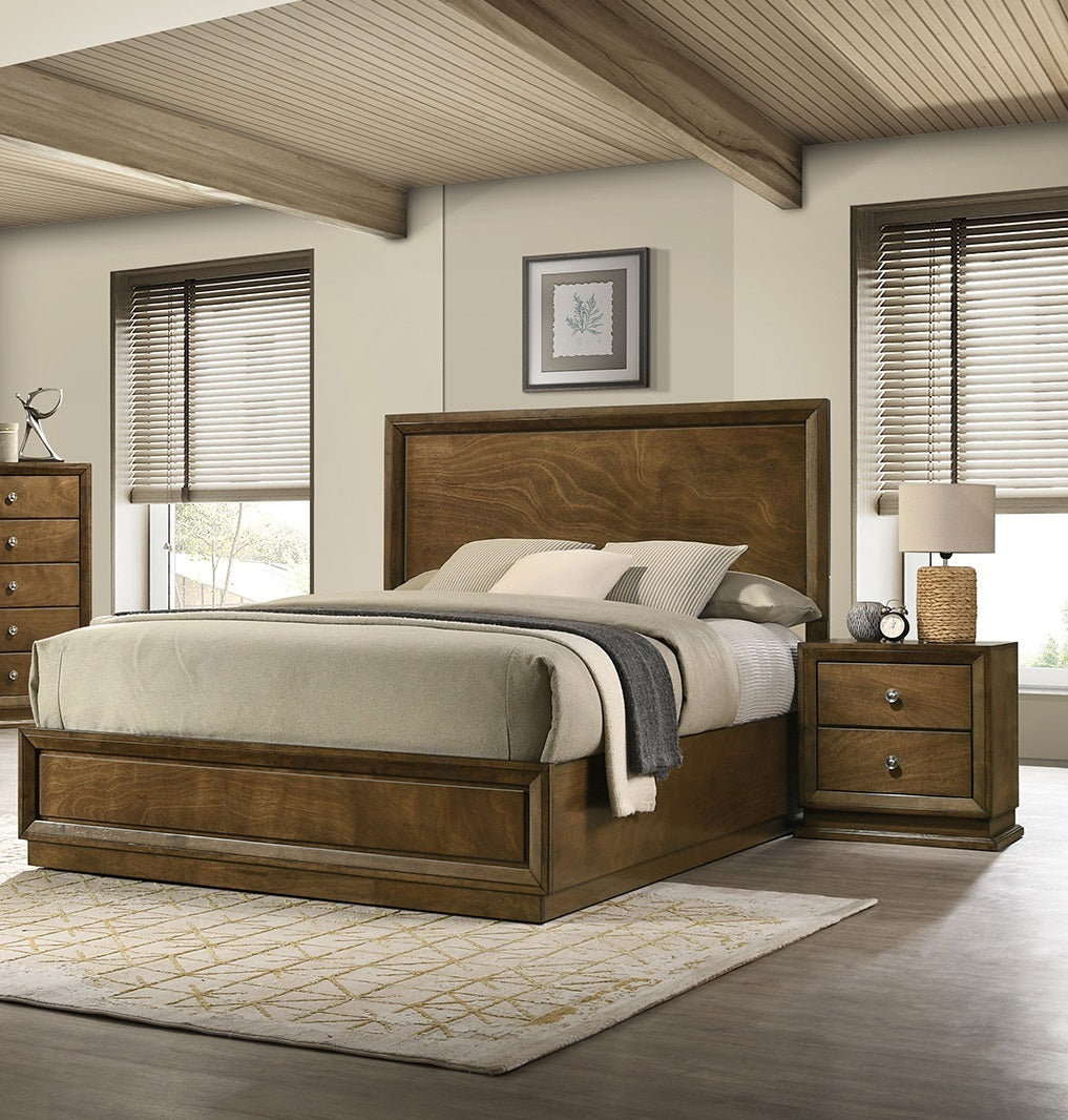 Walnut Color Transitional Style Full Size Bed 2x Nightstands 3pc Set Bedroom Furniture Metal Knobs