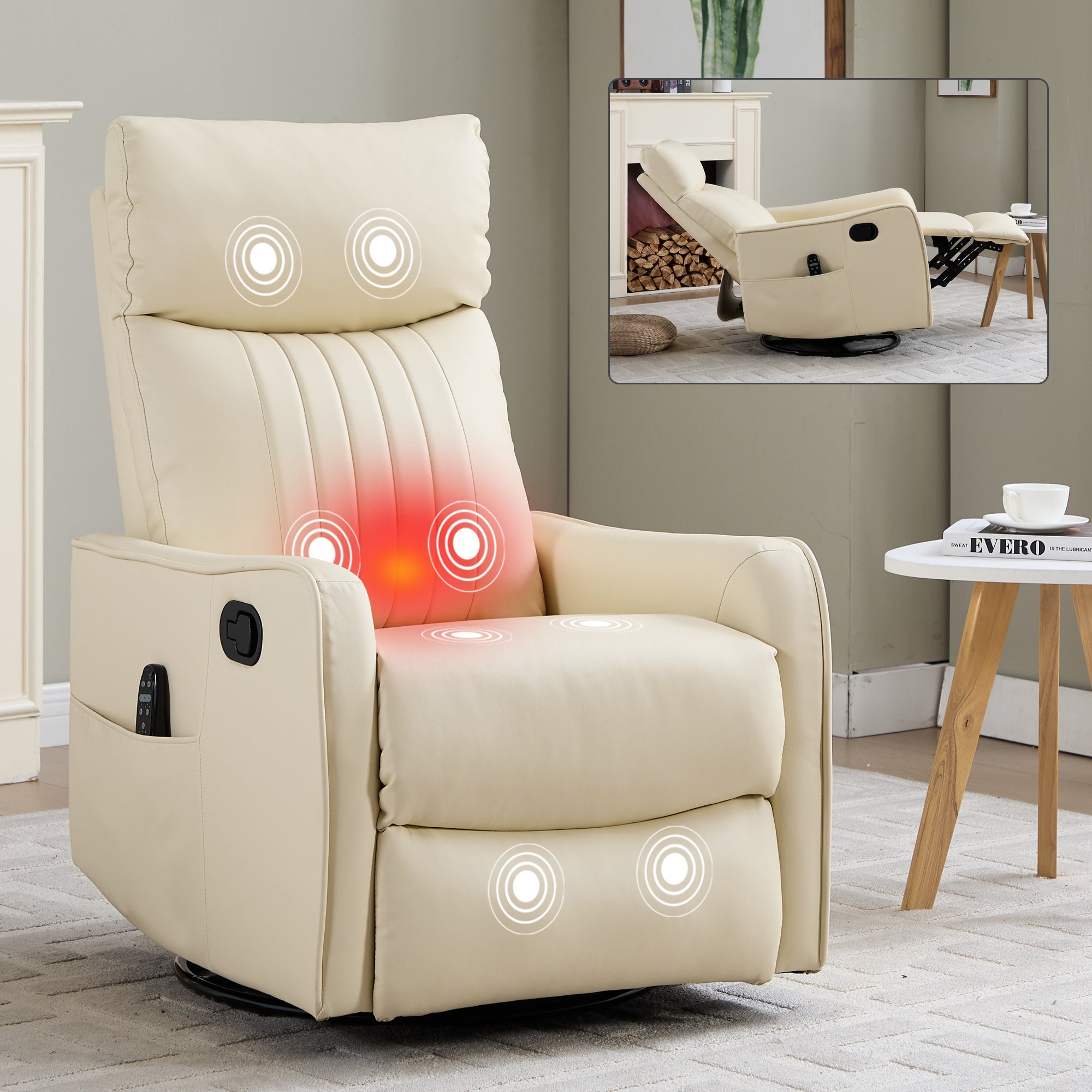 Beige Heat Massage Manual Recliner Chair with Rocker and Swivel in Faux Leather for Living Room