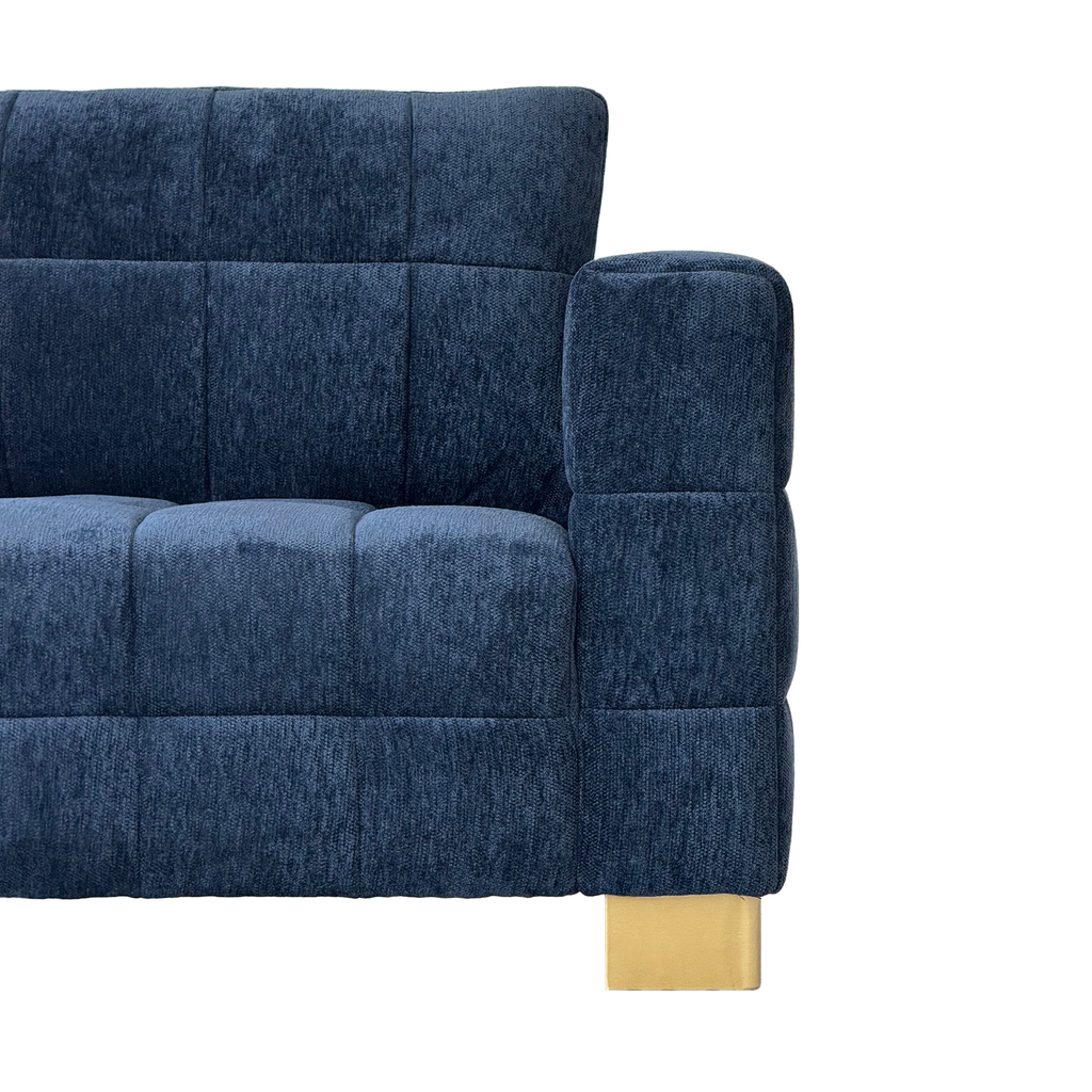 FX-P54-RB SOFA  Retro Blue Chenille Upholstered Couch, Wide-Arm 3-Seater with Custom Stainless-Steel Legs & Tufted Seat  Modern Living Room Sofa for Comfort & Style