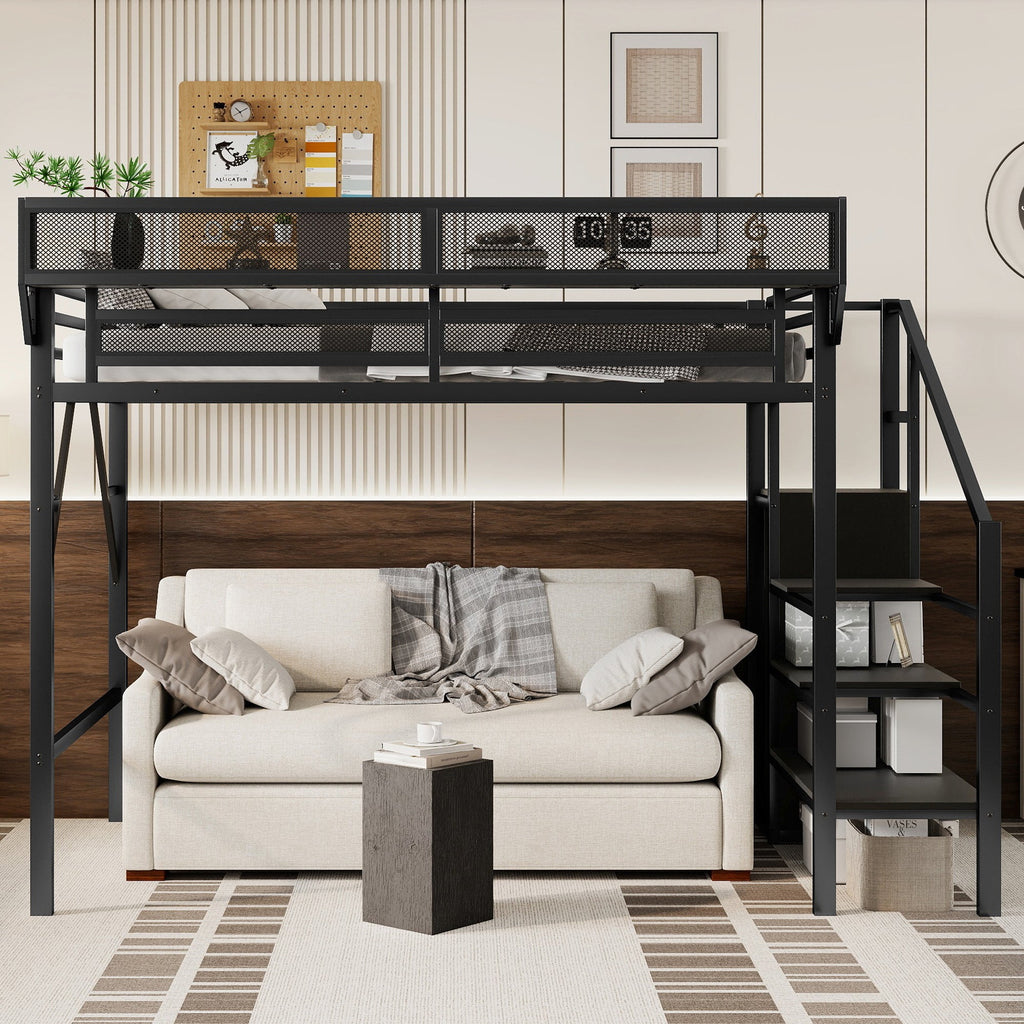 Twin XL Size Loft Bed with Stairs, Metal Full Loft Bed with Storage Shelves, High Loft Bed with Wardrobe for Kids Teens, Black(Expect Arrival Date 2025/10/14)