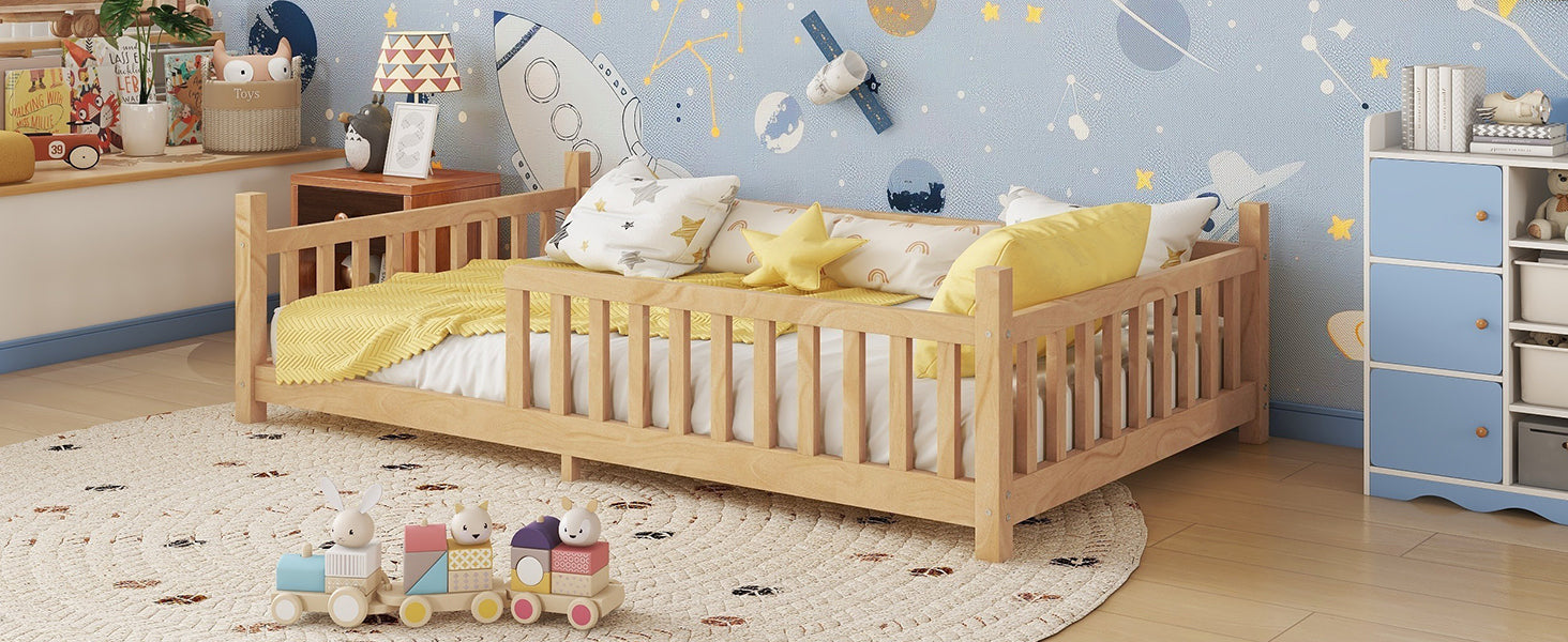 Twin House Bed with Light, Low Floor House Bed with Fence and Roof for Kids Boys Girls,Natural(Expect arrive date 2025/7/20)