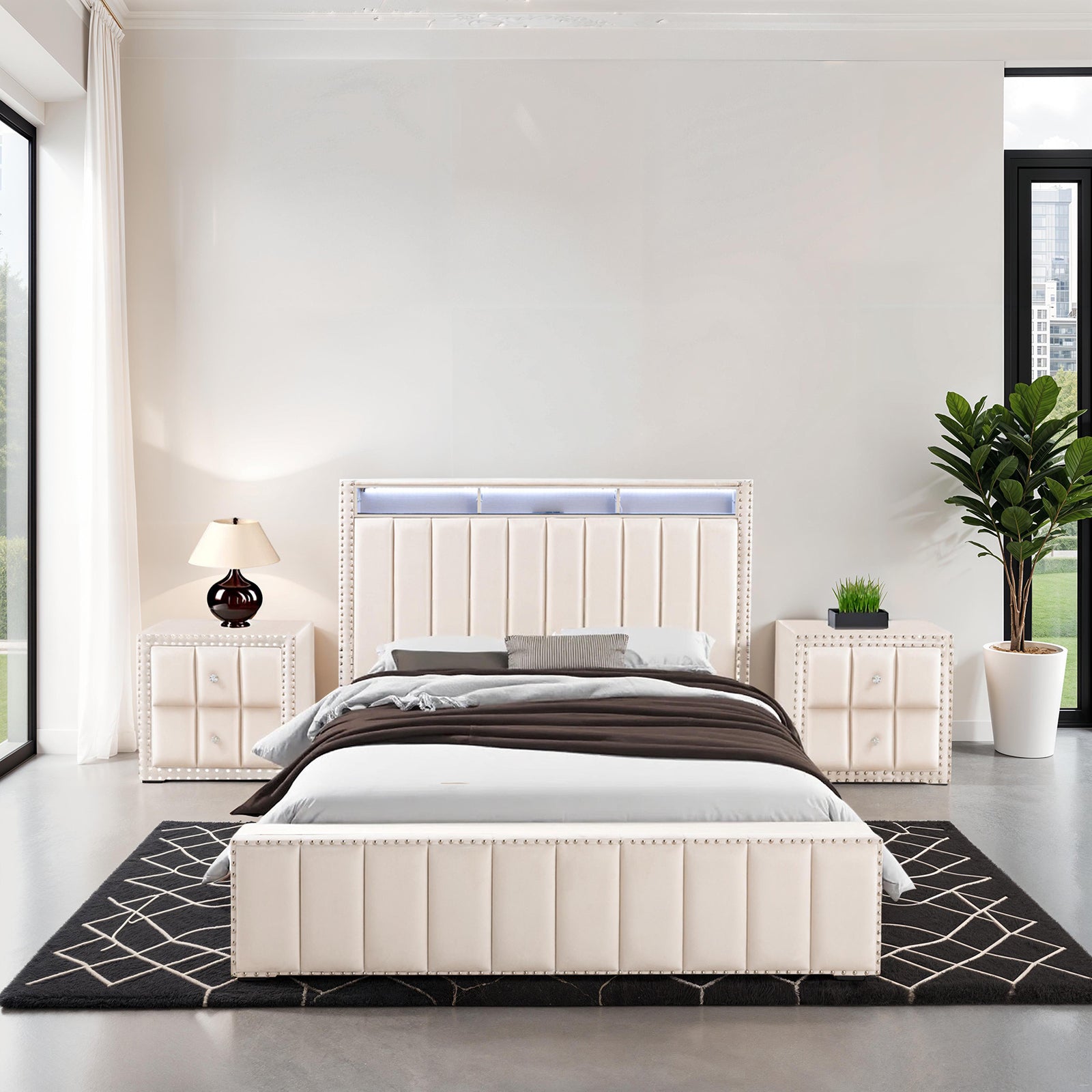 Queen Size Bed 2x Nightstands Bedroom Furniture Contemporary Beige Fabric Upholstered Bedframe w LED Nailhead Trim 3pc Bedroom Set