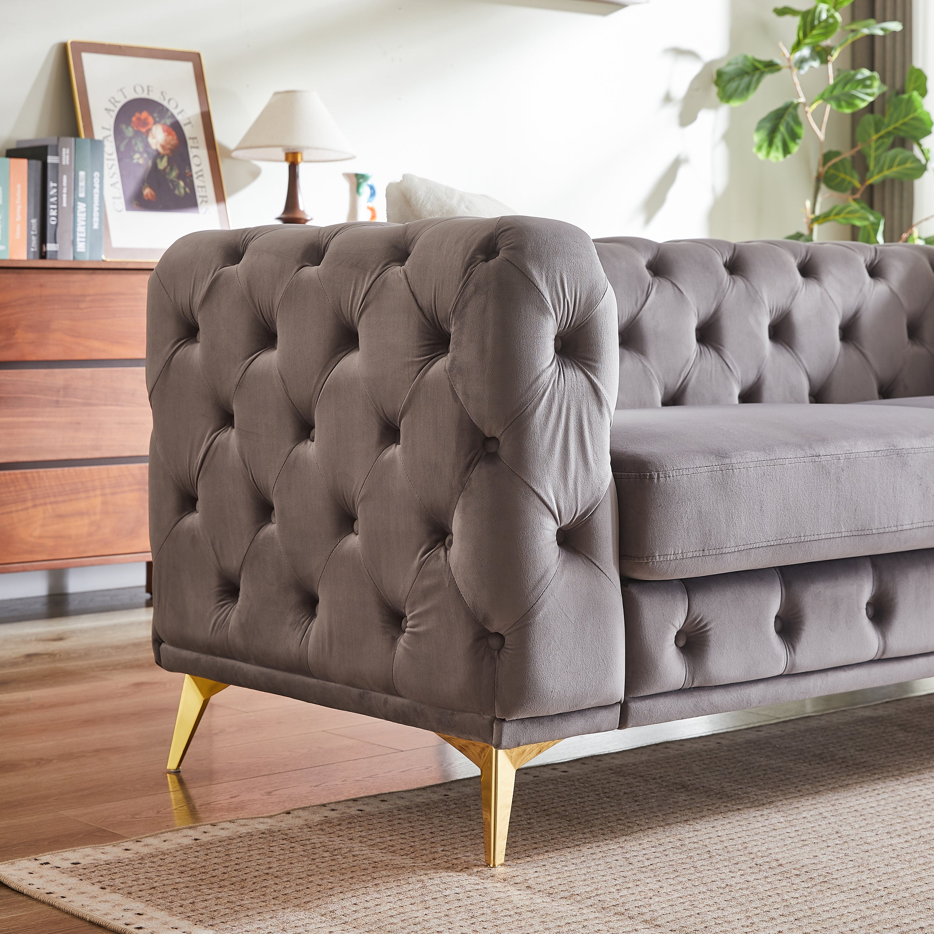 FX 3 seater + 3 seater combo sofa Velvet modern living room sofa with solid wood frame and metal feet, 4 cushions, apartment sofa furniture for living room, living room, office