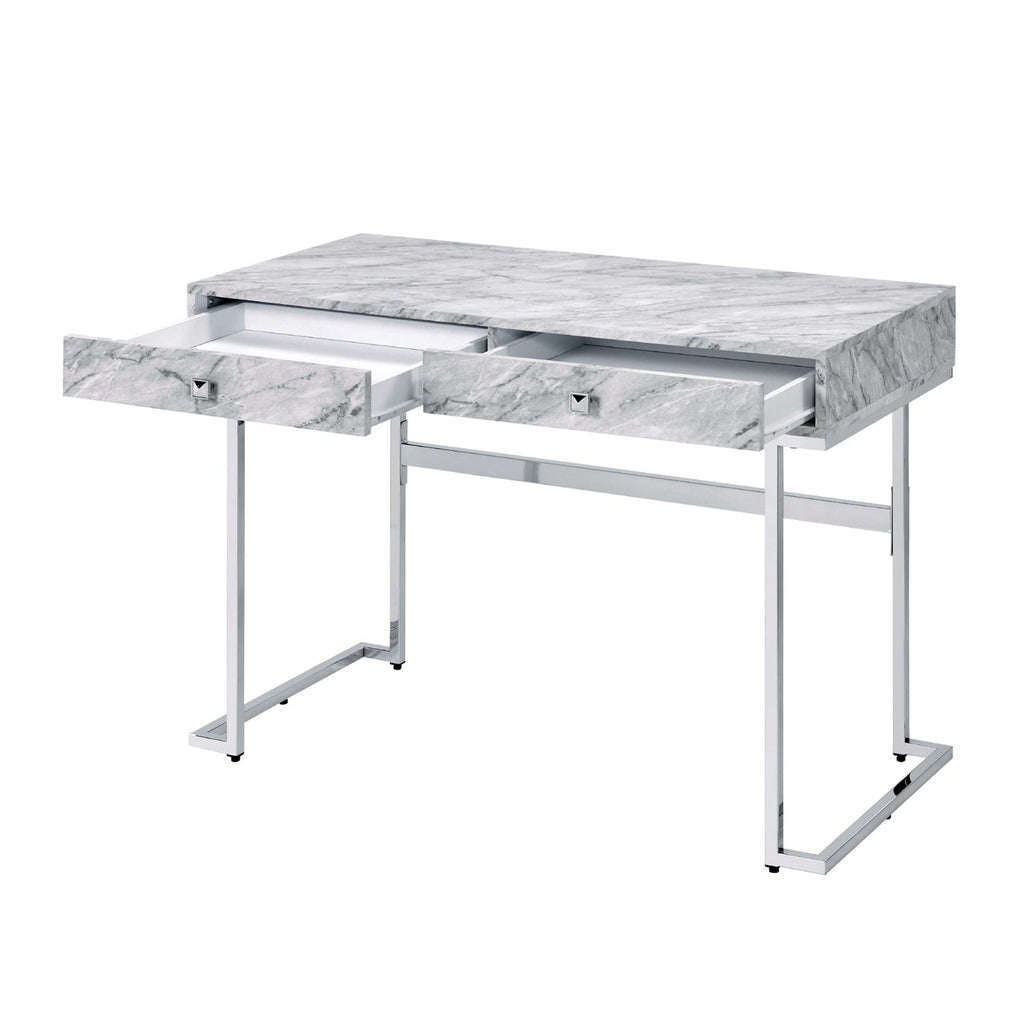 Rectangular Writing Desk with 2 Drawers, White Engineered Stone Top and Chrome