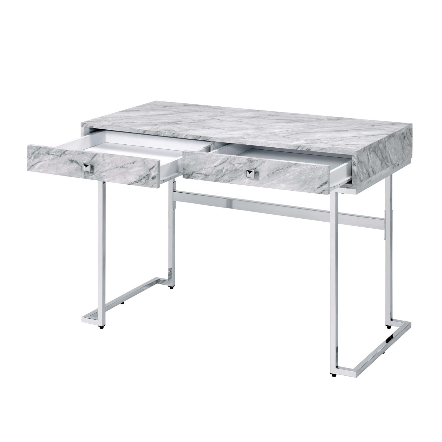 Rectangular Writing Desk with 2 Drawers, White Engineered Stone Top and Chrome