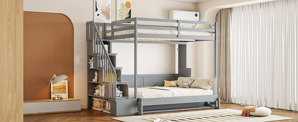 Full Over Full Size Murphy Bed with Hydraulic Lift & Desk Design, Gray