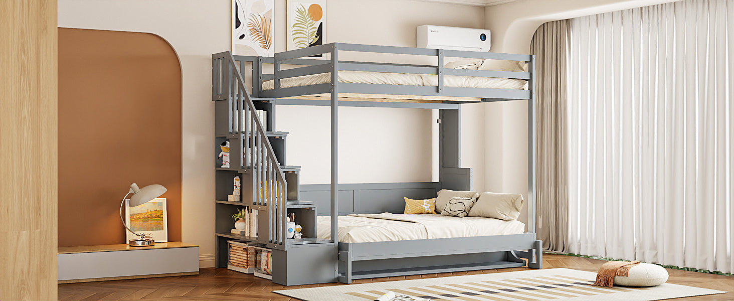 Full Over Full Size Murphy Bed with Hydraulic Lift & Desk Design, Gray