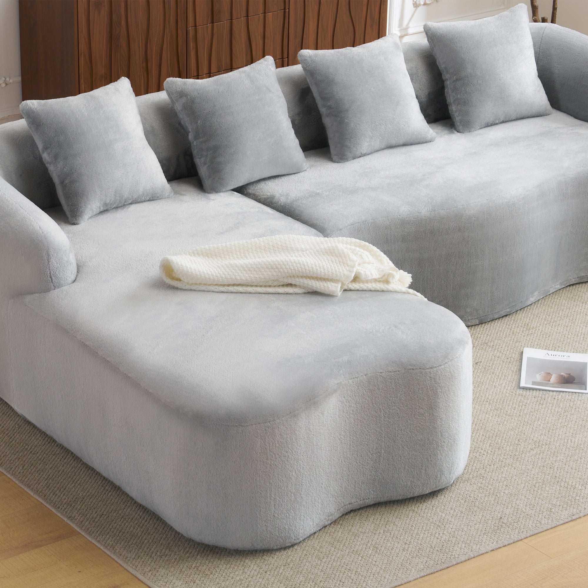 Full Compression L-Shape Sectional Sofa with Curved Chaise, Grey Modular Chenille Couch, High-Density for Apartment Living Room