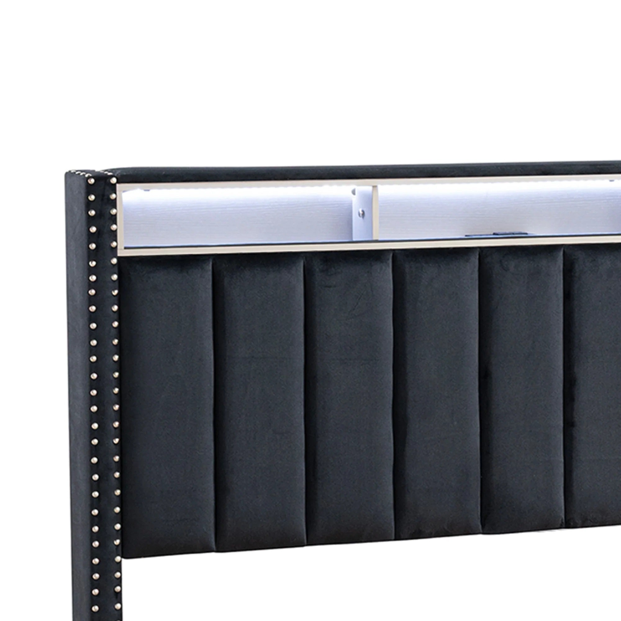 Full Size Bed And 2x Nightstands Bedroom Furniture Luxury Look Black Fabric Upholstered Bedframe w LED Nailhead Trim 3pc Bedroom Set