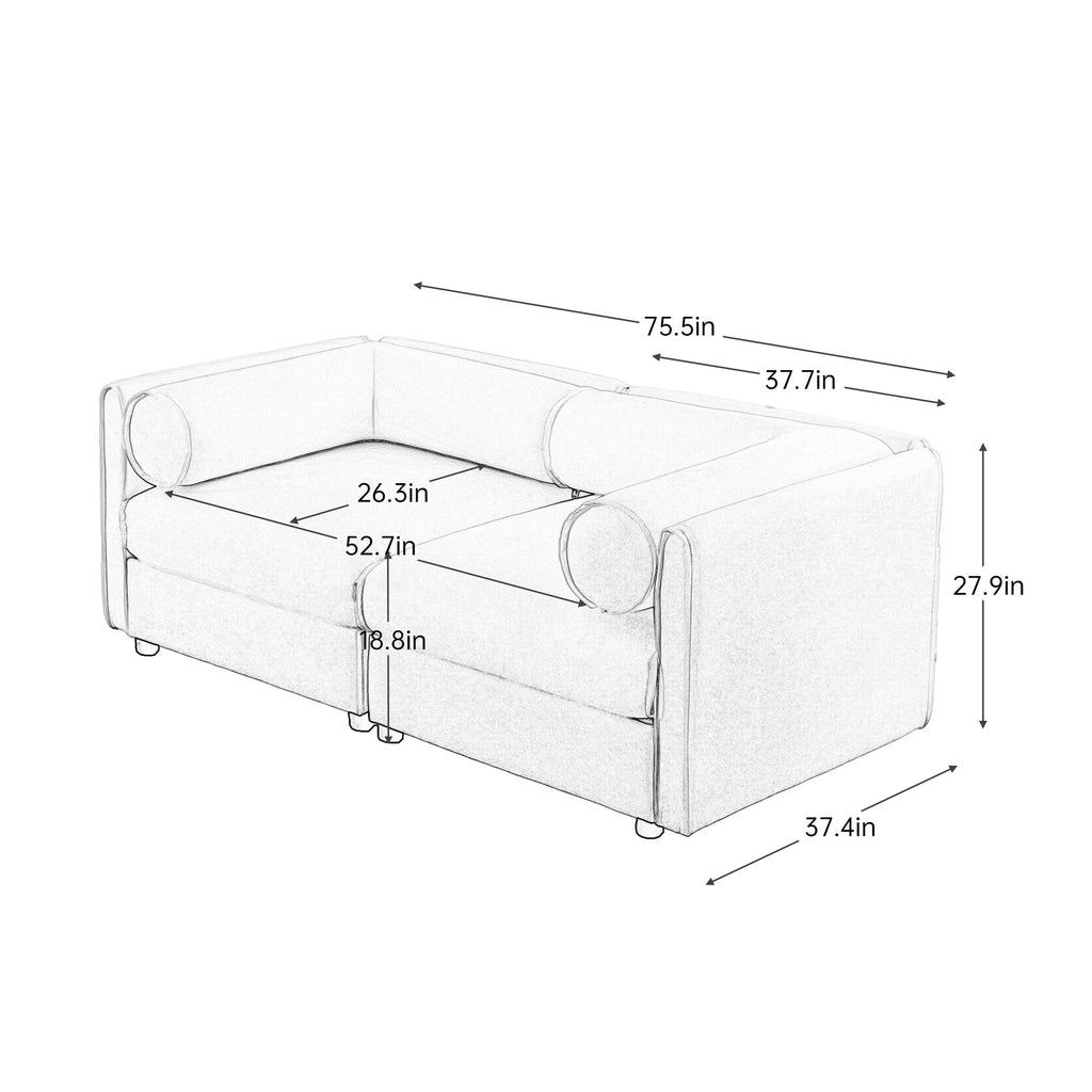 Stylish White Chenille 2-Seater Sofa with Storage Seat, Cylindrical Backrest and Armrests, Modern Fabric Loveseat Featuring Hidden Storage Space