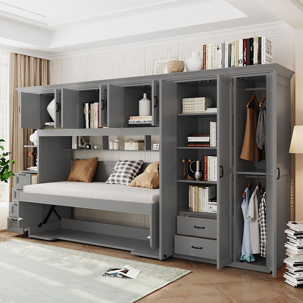Twin Size Murphy Bed Wall Bed with Wardrobe, Cabinet and Desk, Gray