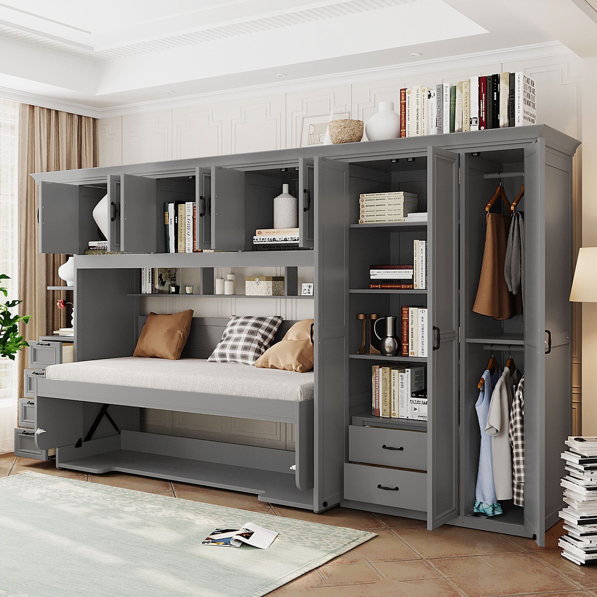 Twin Size Murphy Bed Wall Bed with Wardrobe, Cabinet and Desk, Gray