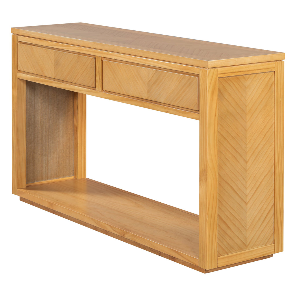 TREXM 55' Console Table, Rustic Wooden Entryway Table with Storage Drawers and Open Shelf, Elegant Sofa Table for Hallway and Living Room (Natural)