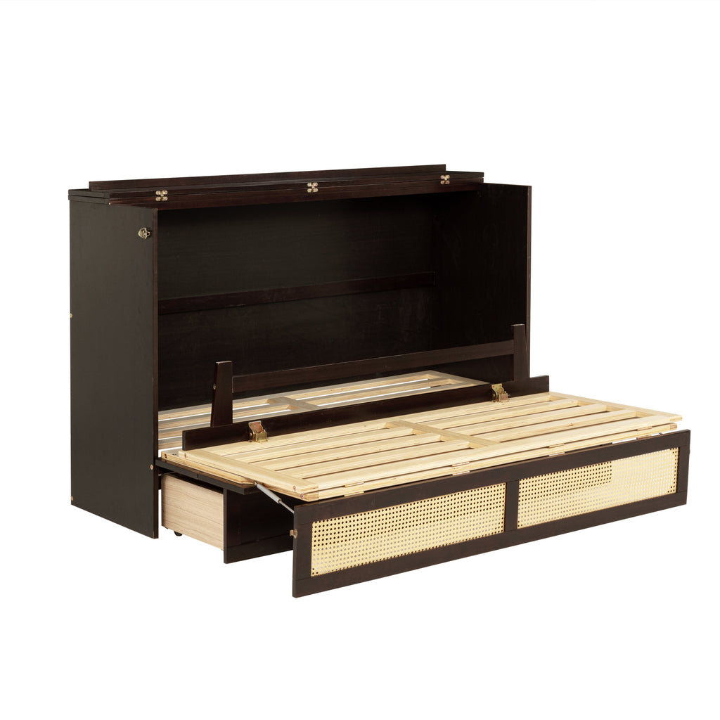 Queen Size Murphy Bed, Pine Wood Cabinet Bed with Rattan Decoration and Storage Drawer,Espresso