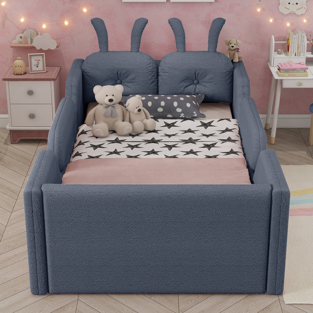 Twin Size Upholstered Platform Bed with Rabbit Cushion, Kids Floor Upholstered Bed with Removable Side Rails, Gray(Expect Arrival Date 2025/1/15)