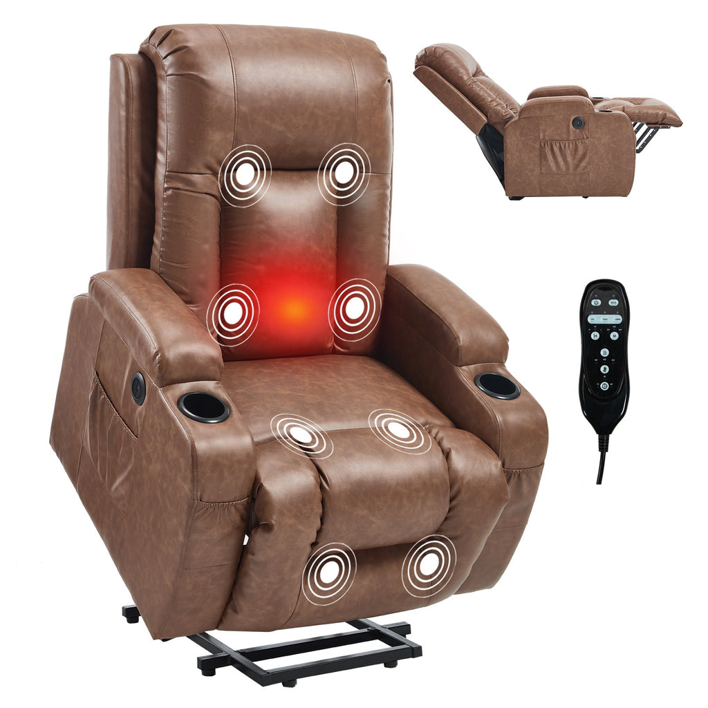 Brown PU Infinite Position Up to 350 LBS Power Lift Recliner Chair for Elderly, Heavy Duty Motion Mechanism with 8-Point Vibration Massage and Lumbar Heating, USB Charging Port, Cup Holders