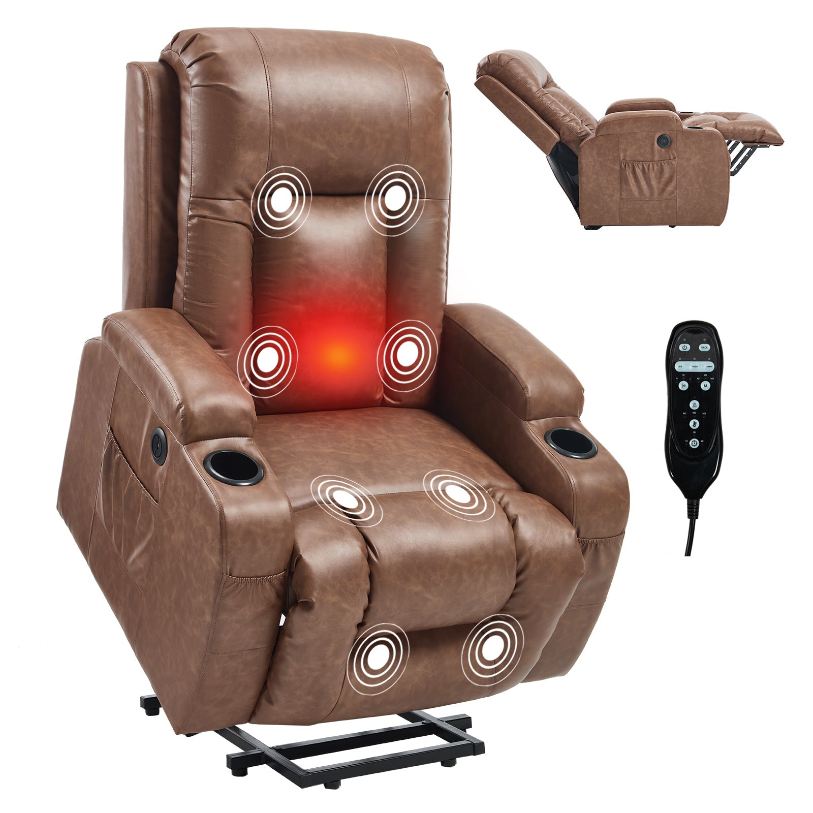 Brown PU Infinite Position Up to 350 LBS Power Lift Recliner Chair for Elderly, Heavy Duty Motion Mechanism with 8-Point Vibration Massage and Lumbar Heating, USB Charging Port, Cup Holders