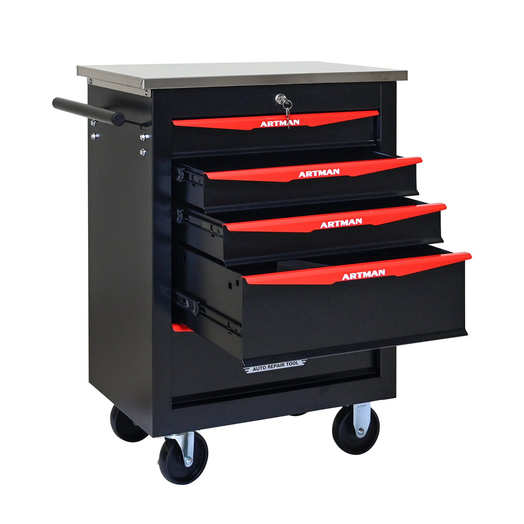 5-Drawer Multifunctional Tool Cart with Wheels, Metal Rolling Tool Cart Storage for Garage Workshop Warehouse Repair Shop - with Stainless Steel Roof - Black & Red