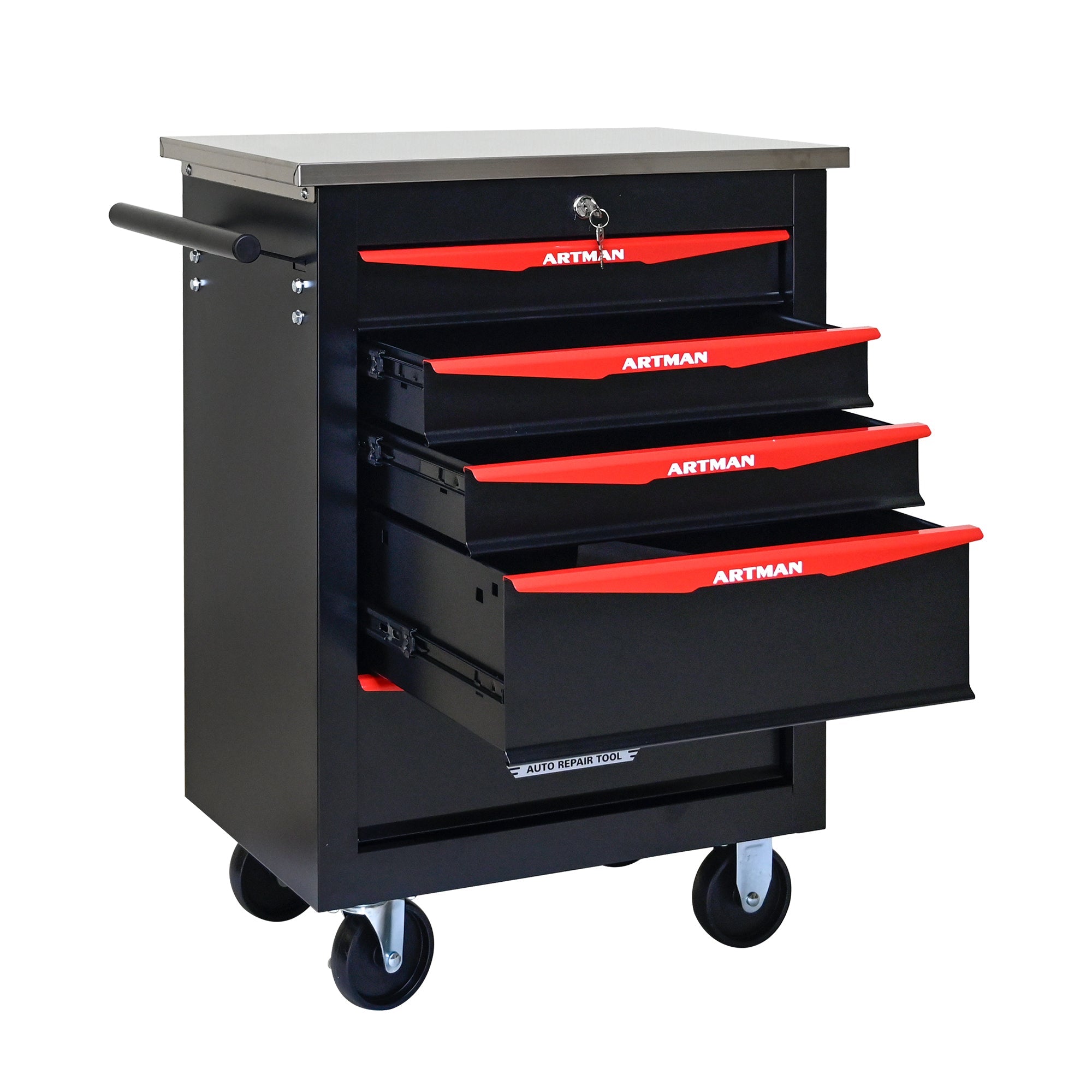 5-Drawer Multifunctional Tool Cart with Wheels, Metal Rolling Tool Cart Storage for Garage Workshop Warehouse Repair Shop - with Stainless Steel Roof - Black & Red