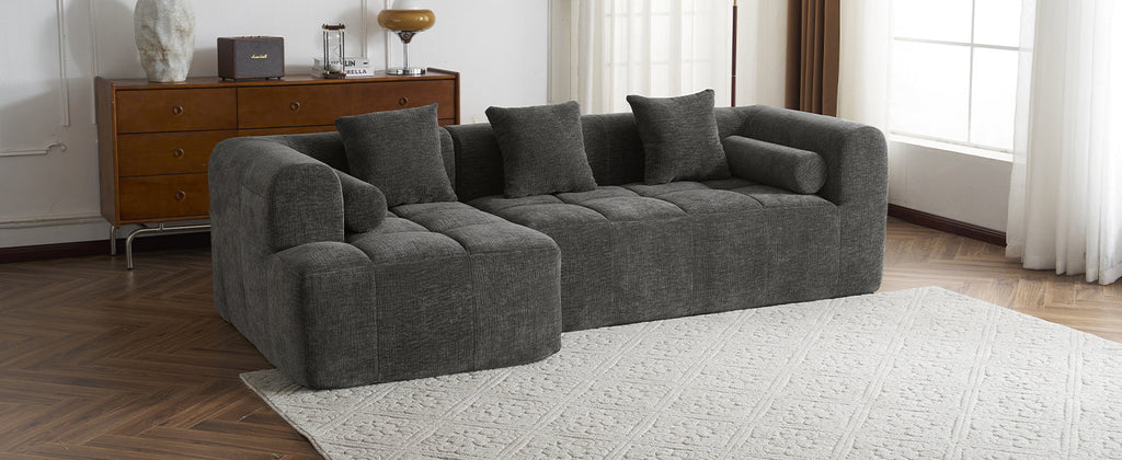 Modern Grey Modular Sectional Sofa with Deep Seating and Side Pockets in Chenille Fabric