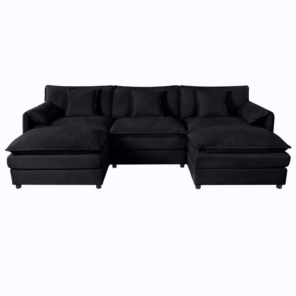 Modular Sectional Sofa, Oversized Deep Seat U Shaped Couch Set for Living Room, 3-Seater Comfy Cloud Couches with 2 Movable Ottomans, DIY Combination, Chenille,Black