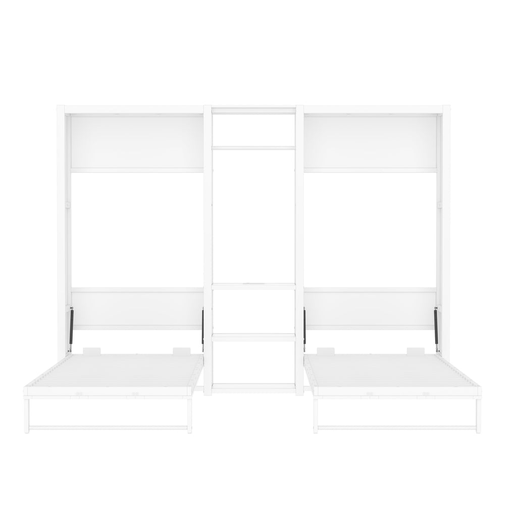 Twin and Twin Murphy Bed, Metal Foldable Murphy Bed with Wardrobe, Shelves and Power Outlets, 2 in 1 Design, Space-saving, White