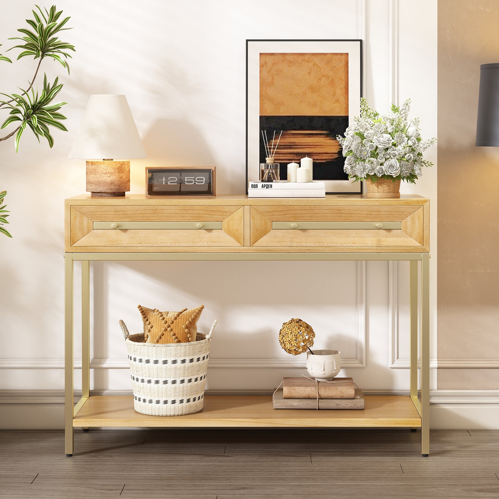 TREXM Entryway Table, Console Table with Two Drawers, Retro Hallway Table with Striking Geometric Design for Entryway and Living Room (Natural)