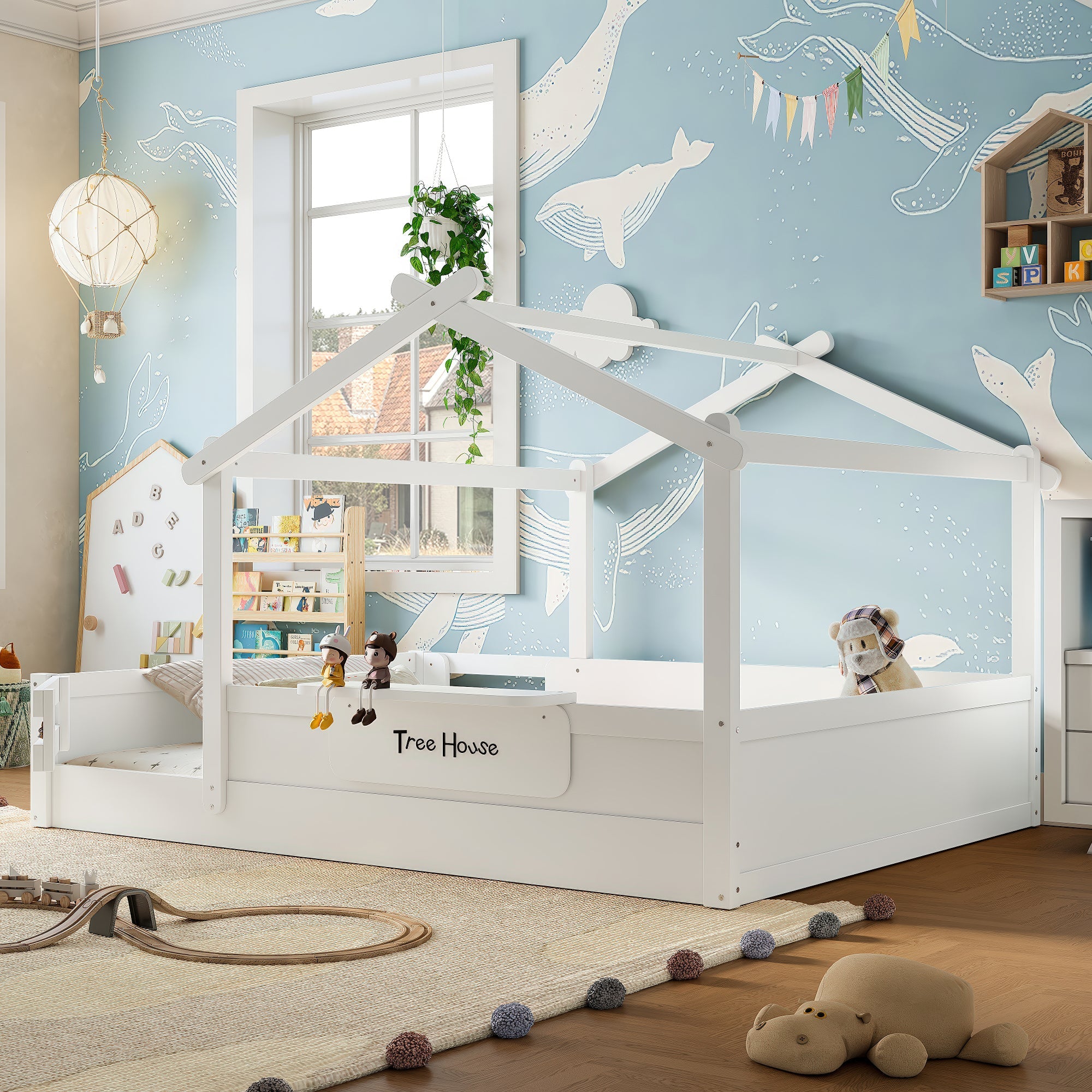 Queen Size Floor Bed with Guardrails and Roof, Kids House Floor Bed with a Small Built-in Tray and Free-installed Signboard, Childlike Design, White