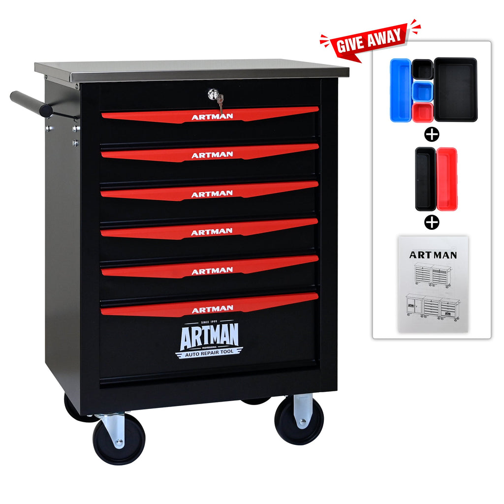 6-Drawer Multifunctional Tool Cart with Wheels, Metal Rolling Tool Cart Storage for Garage Workshop Warehouse Repair Shop - with Stainless Steel Roof - Black & Red