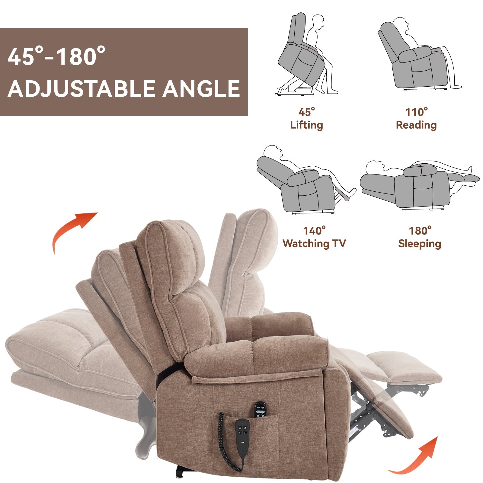 Brown Heat Massage Dual Motor Infinite Position Up to 350 LBS Large Electric Power Lift Recliners with Hidden Cup Holders, Power-Remote, Medium-firm and Heavy Duty