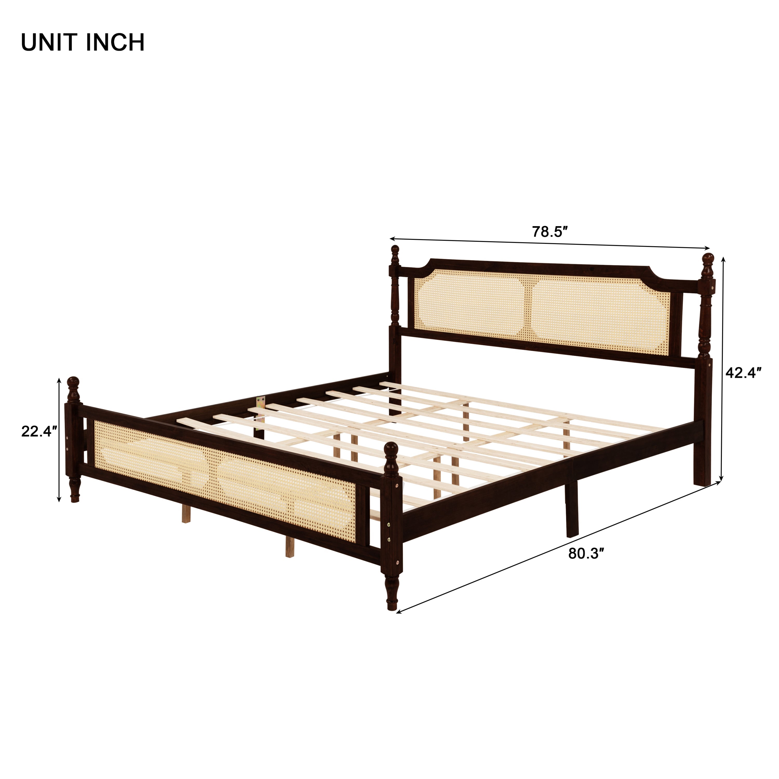 King Pine wooden Bed with Rattan Headboard  and Footboard, with  Central Enhanced Bed Platform ,Espresso