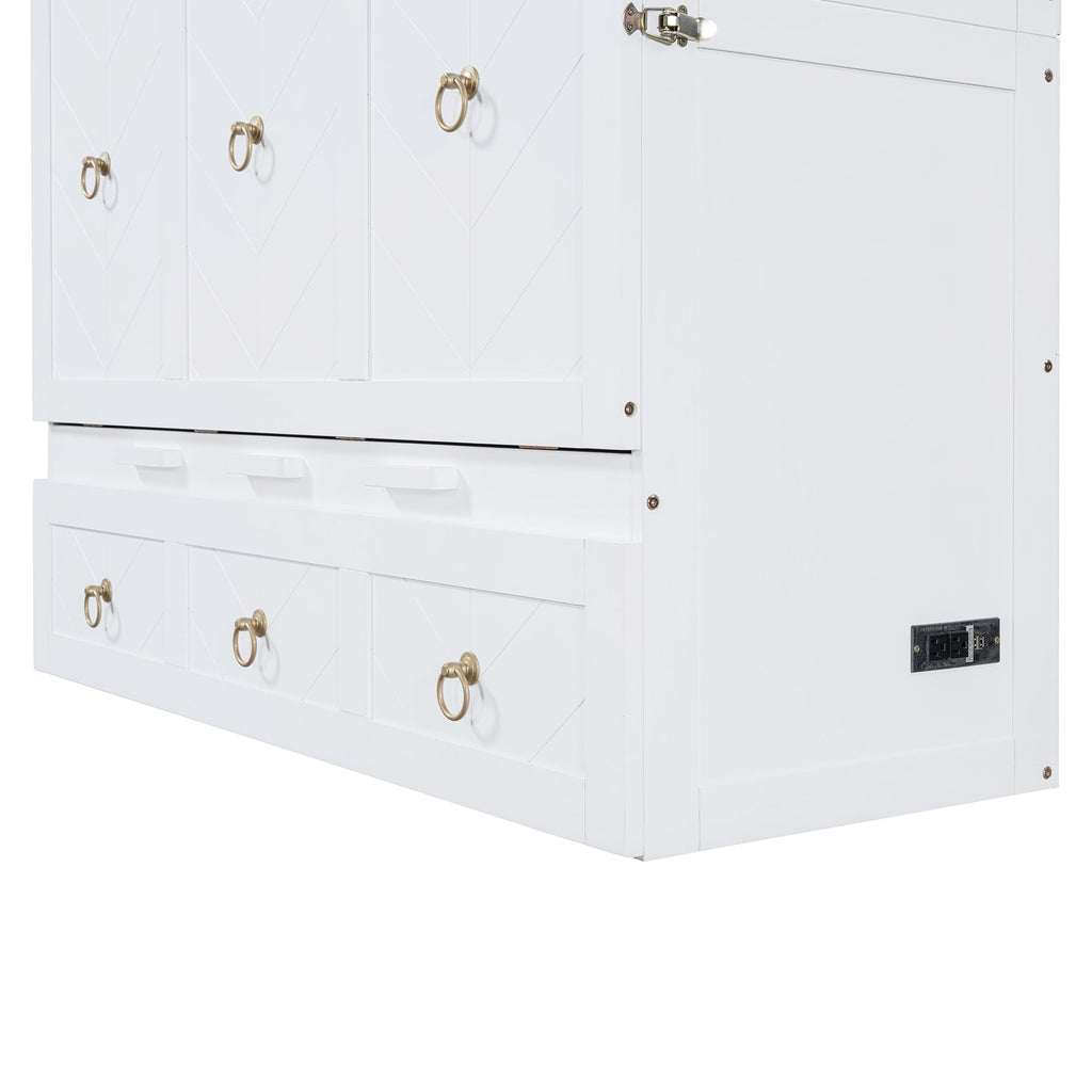 Full Size Murphy Bed with USB Port and a Large Drawer, White