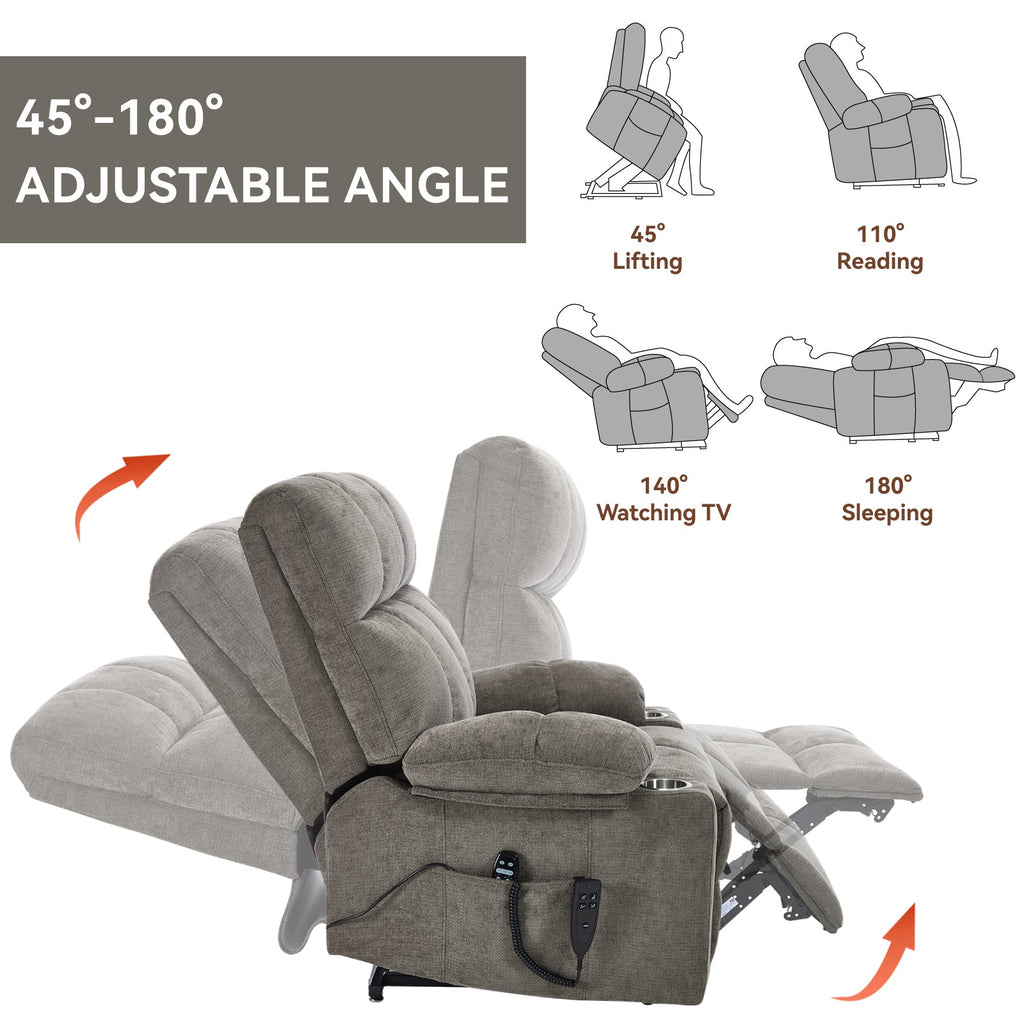 Brown Dual Motor Infinite Position Up to 350 LBS Chenille Power Lift Recliner Chair, Heavy Duty Motion Mechanism with 8-Point Vibration Massage and Lumbar Heating, Dual Cup Holders