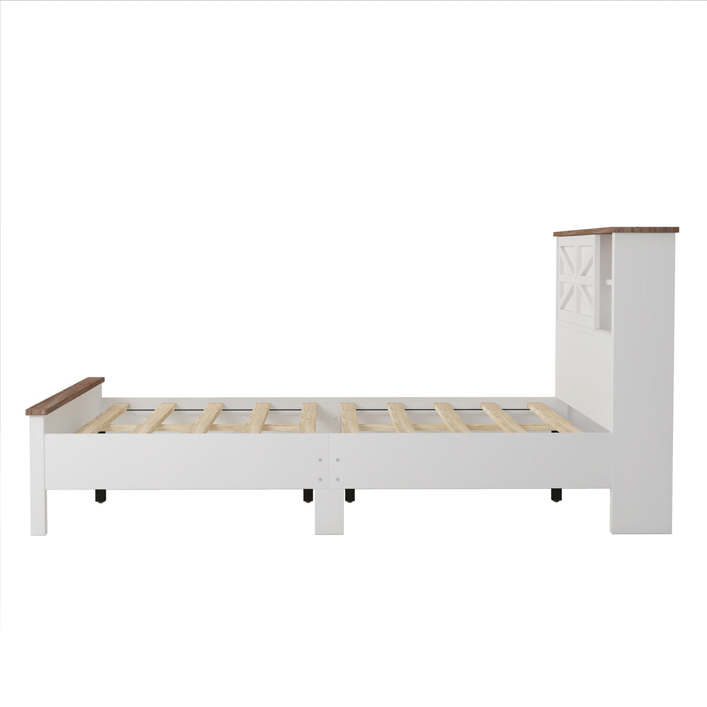 3-Pieces Bedroom Sets Queen Size  Farmhouse Platform Bed with Double Sliding Door Storage Headboard, Storage Nightstand and Dresser, White+Brown(Old SKU HL000092AAK)