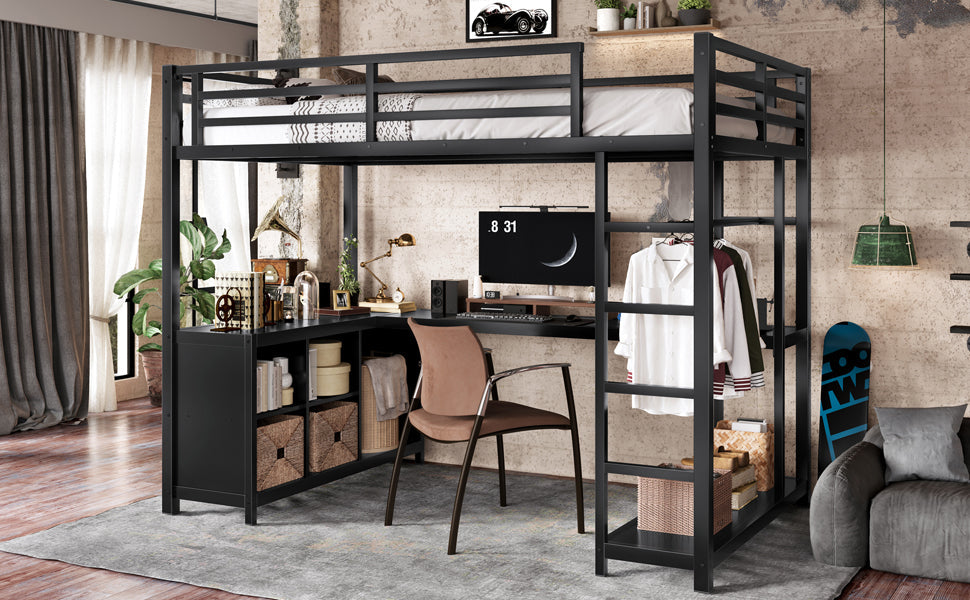 Metal Loft Bed with Wardrobe and L-shaped Desk, Twin XL Size Loft Bed with Storage Cubes and Shelves, Loft Bed for Kids Teens Adults, Black