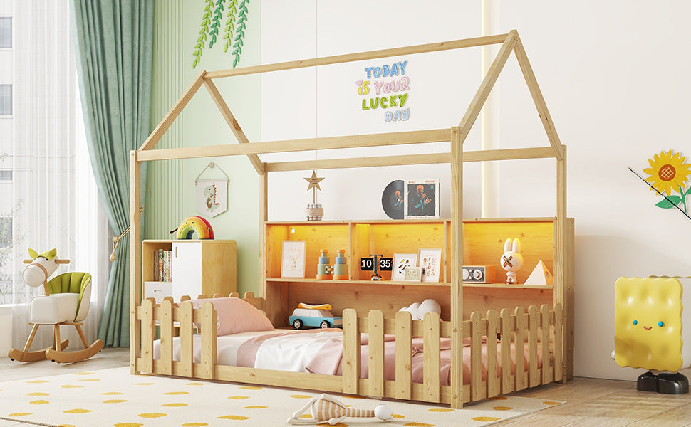 Twin Size House Bed with LED Light, Wood House Bed with Storage Bookshelf, Floor House Bed with Guardrails for Kids, Natural (Expect Arrival Date 2025/3/14)