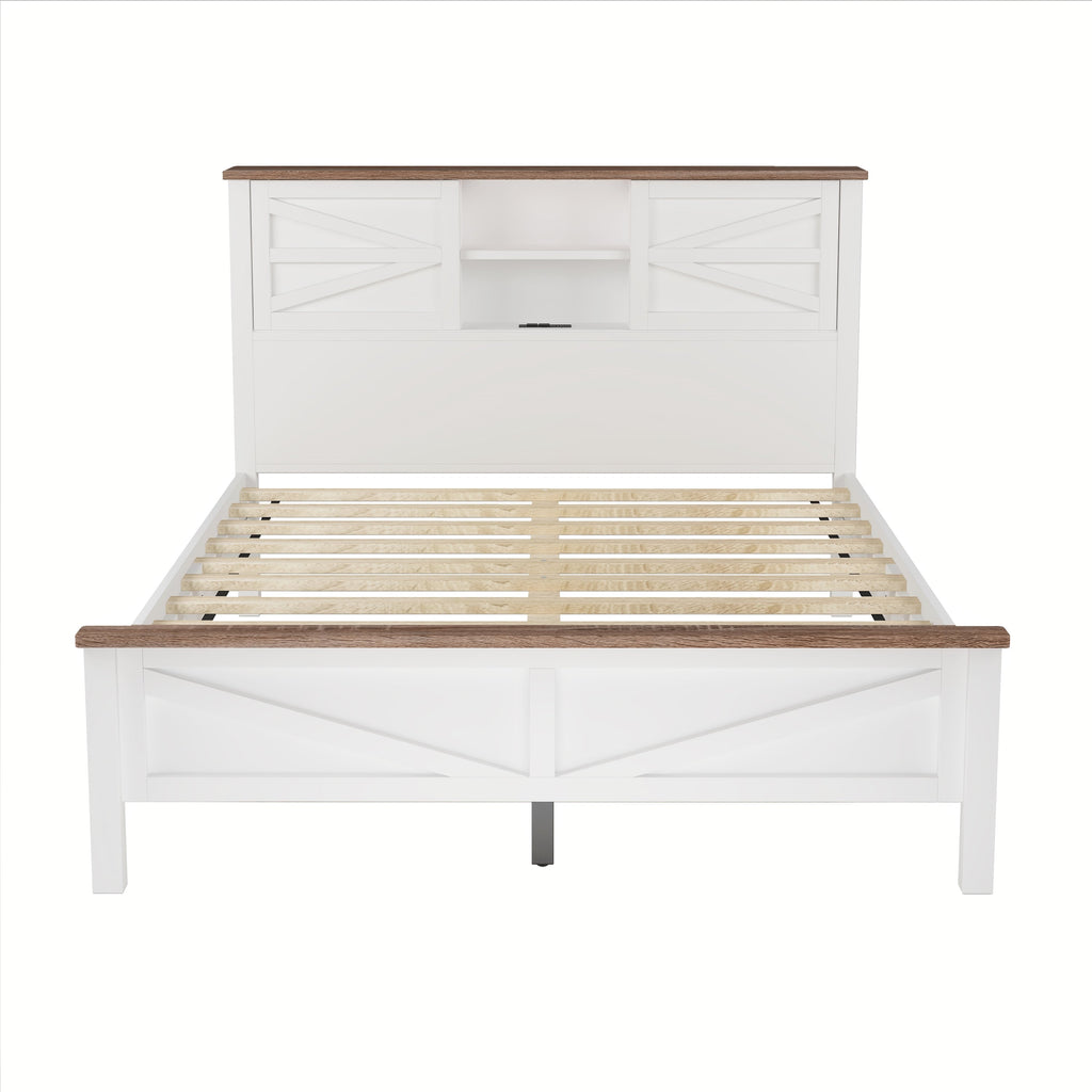 3-Pieces Bedroom Sets Queen Size  Farmhouse Platform Bed with Double Sliding Door Storage Headboard, Storage Nightstand and Dresser, White+Brown(Old SKU HL000092AAK)