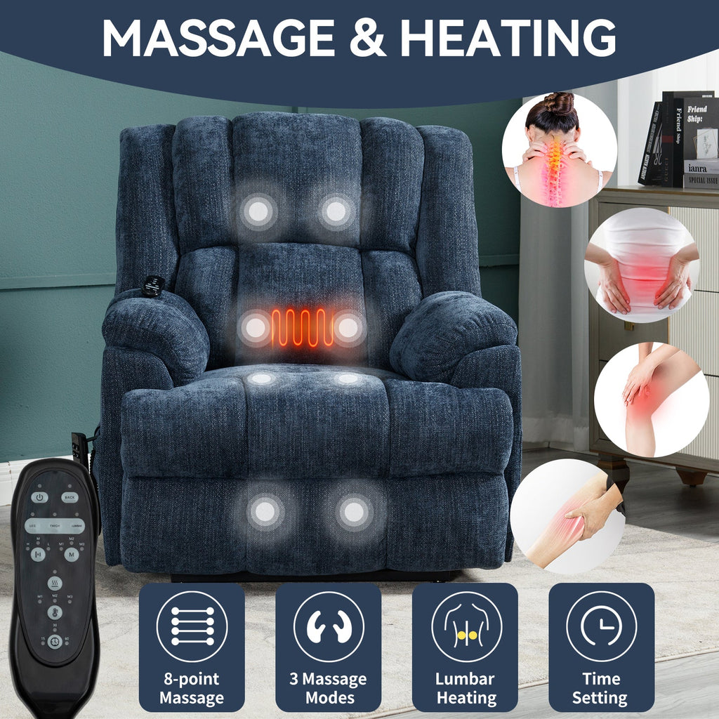 Dual Motor Heat Massage Infinite Position Up to 350 LBS Electric Power Lift Recliners with Power-Remote, Medium-firm and Heavy Duty, Blue