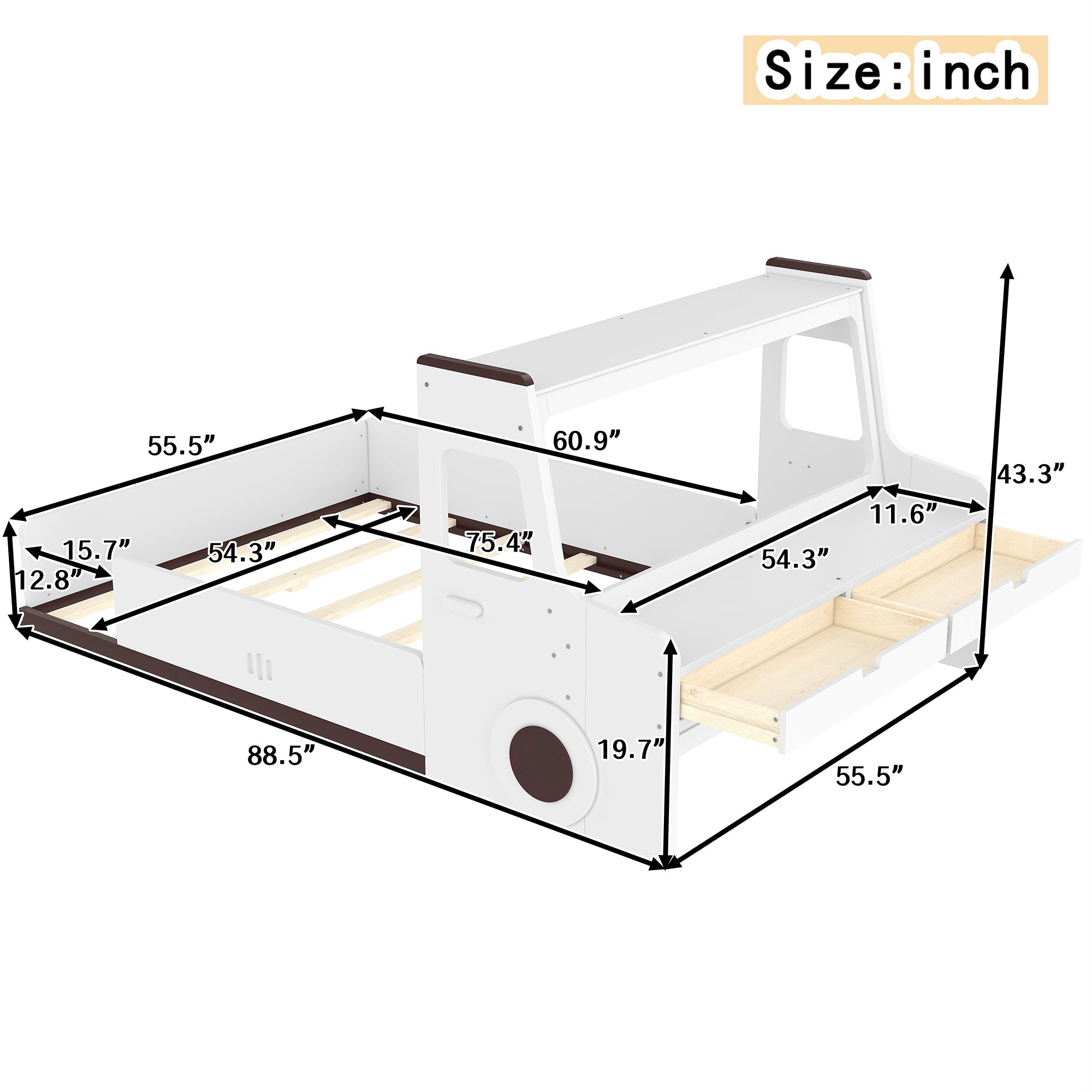 Full Size Floor Bed with Interesting Car-shape Design, Kids Car Floor Bed with Storage Drawers, Window, and Desk, Childlike Design, White
