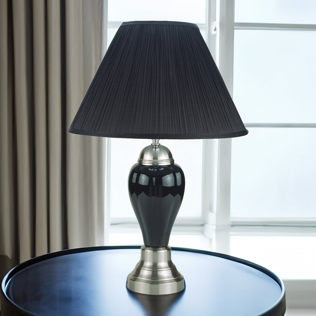 1pc Elegant Crafted Table Lamp Glossy Gray Base Contrasting Metallic Details Pleated Shade Modern Look Porcelain Rotary Switch, 100WATT Black