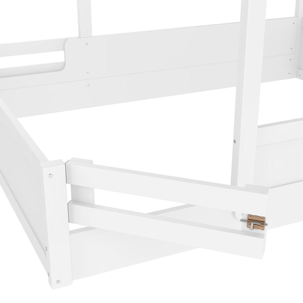 Queen Size Floor Bed with Guardrails and Roof, Kids House Floor Bed with a Small Built-in Tray and Free-installed Signboard, Childlike Design, White