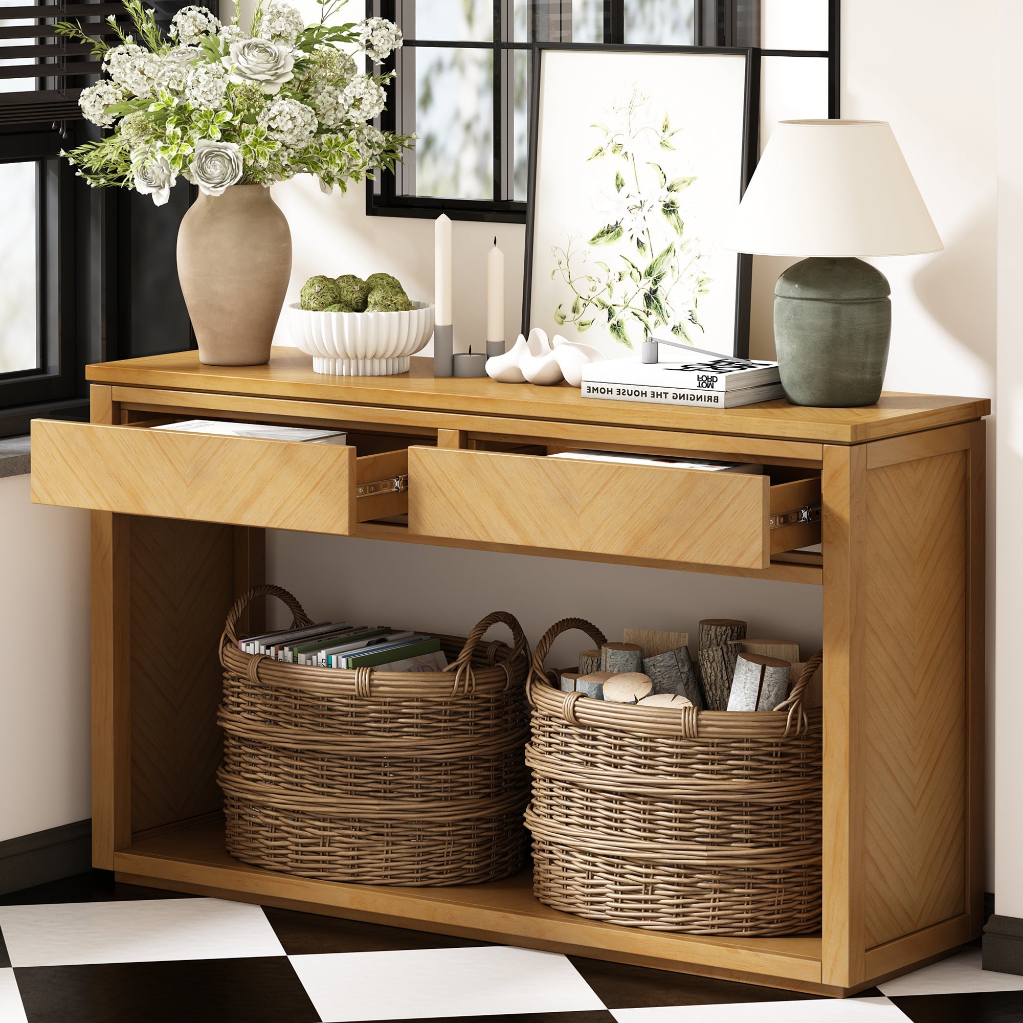 TREXM 55' Console Table, Rustic Wooden Entryway Table with Storage Drawers and Open Shelf, Elegant Sofa Table for Hallway and Living Room (Natural)