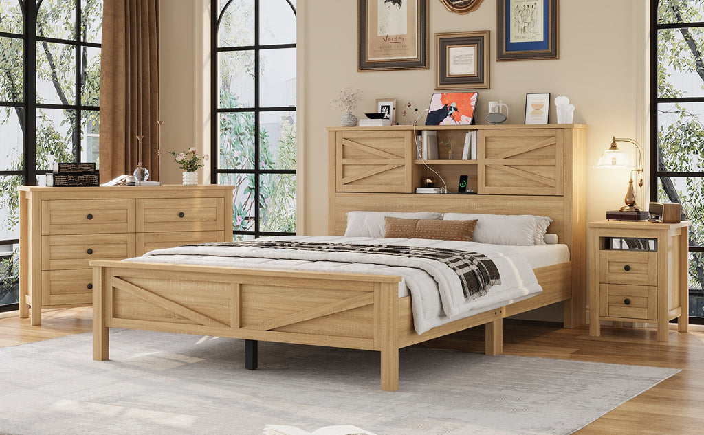 3-Pieces Bedroom Sets Queen Size Farmhouse Platform Bed with Double Sliding Door Storage Headboard and Charging Station, Storage Nightstand and Dresser, Natural