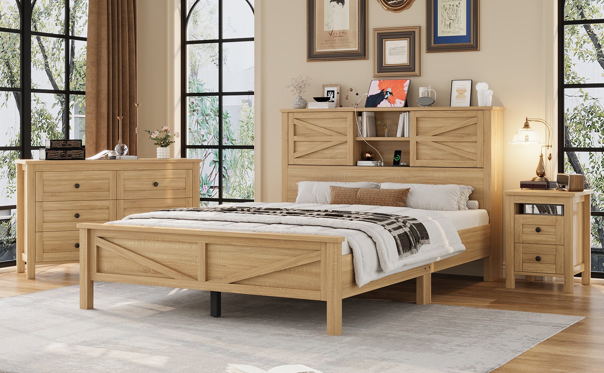 3-Pieces Bedroom Sets Queen Size Farmhouse Platform Bed with Double Sliding Door Storage Headboard and Charging Station, Storage Nightstand and Dresser, Natural