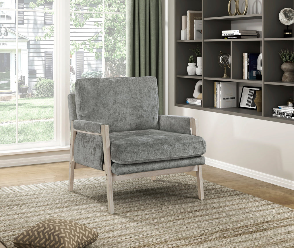 Modern Home Accent Chair Cushion Seat Back Chenille Fabric Upholstery Brownish Gray Solid Wood Furniture 1pc