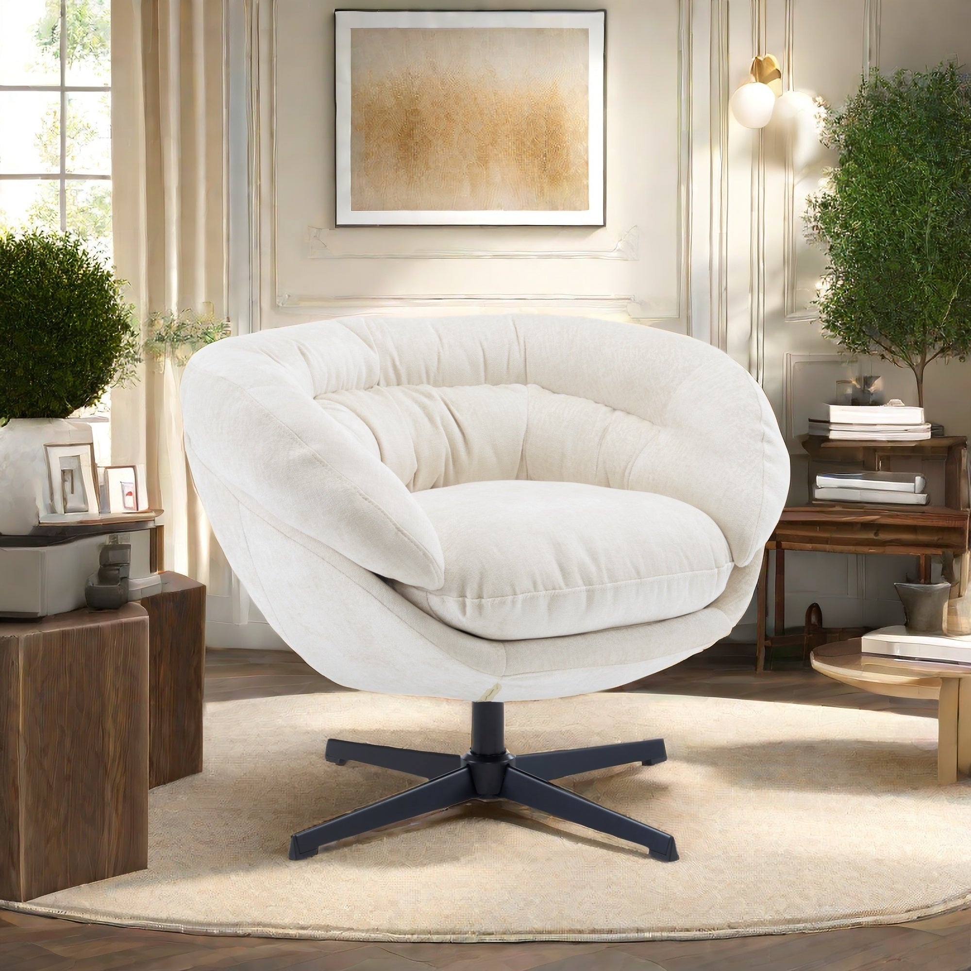 Modern Chenille Office Chair, 360° Swivel Club Chair/Accent Chair with Removable Cushion, Round Office Chair, Black Metal Base, Cotton Material, Living Room, Bedroom, Reading Corner, Office (Beige)