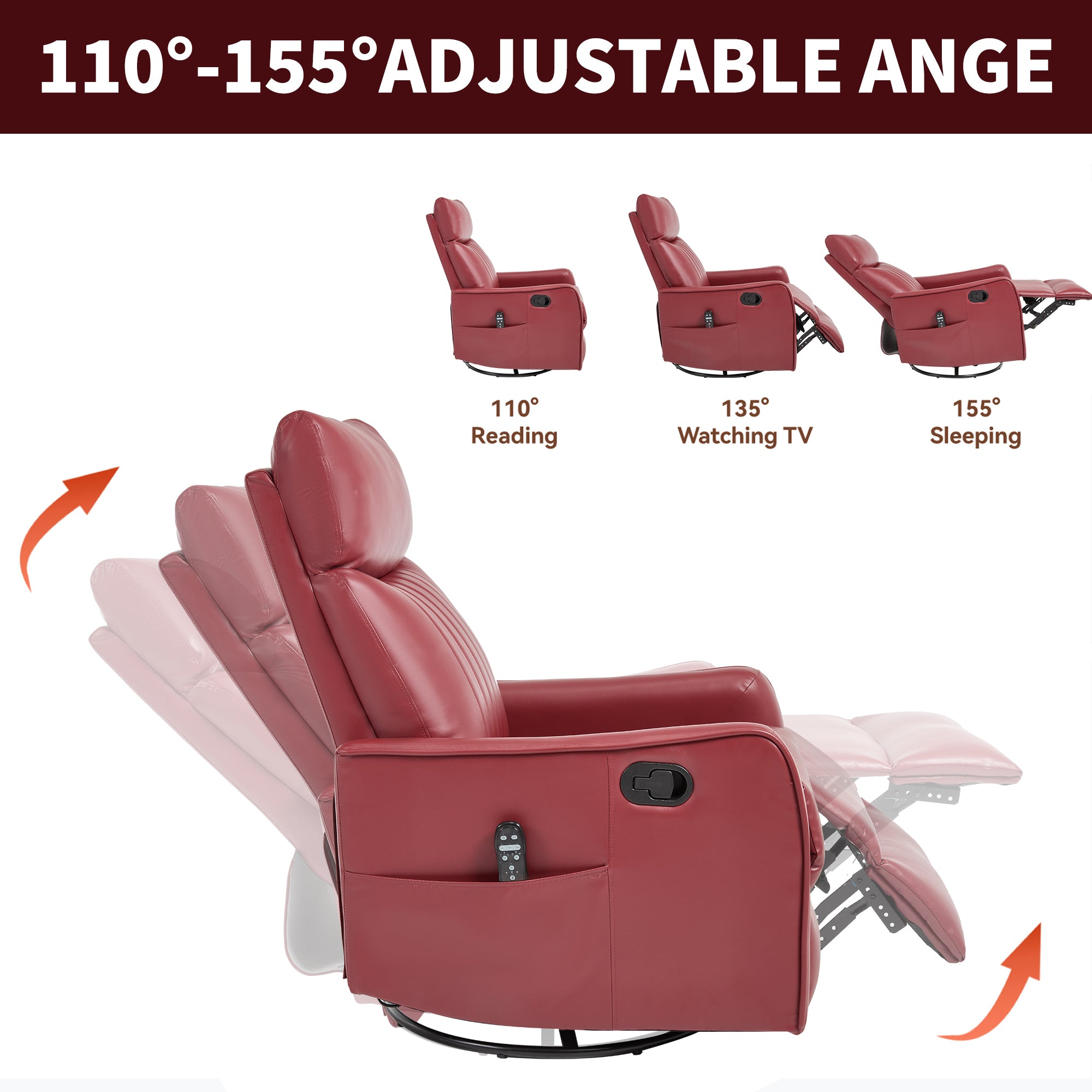 Red Faux Leather Heat Massage Manual Recliner Chair with Rocker and Swivel for Living Room