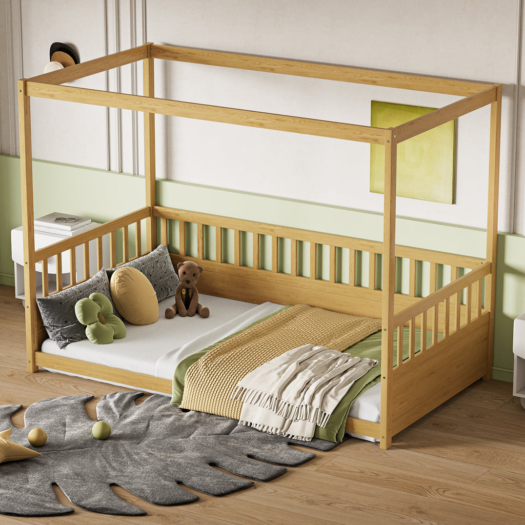 Twin Size Canopy Bed Frame with Guardrails for Kids,Floor Bed Twin with Four Poster Design,Kids Montessori Floor Bed,Wood Canopy Bed Frame for Girls,Boys(Twin,Natural)